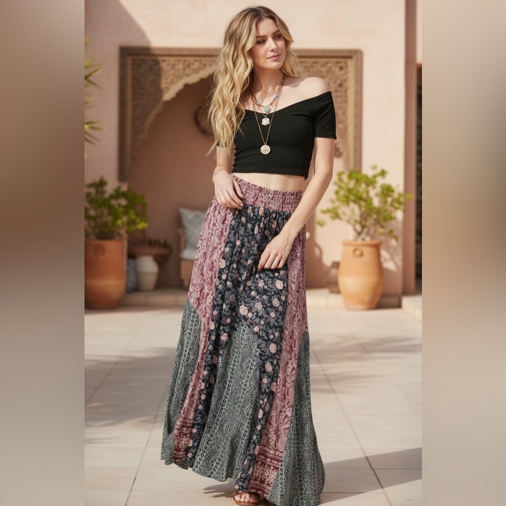 NWT Angie Boho Mixed Media Floral Print Maxi Skirt - Picture 5 of 9